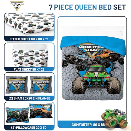 Monster Jam Queen Comforter Set 7 Piece Kids Bedding for Boys
