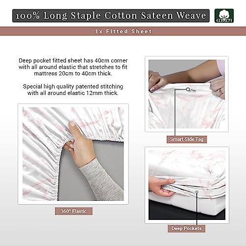 100% Cotton Carrara Marble Print Full Fitted Sheet 400TC Pink