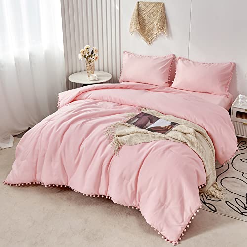 Girls Pink Comforter Set King Size Boho Farmhouse Pom Pom Light Pink Bed Sets Soft Washed Microfiber Lightweight Bed in a Bag for All Seasons