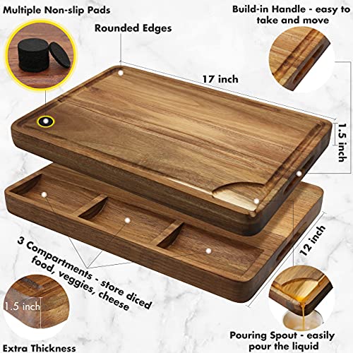 Large Acacia Wood Cutting Board for Kitchen 17x12x1.5 with 3 Compartments