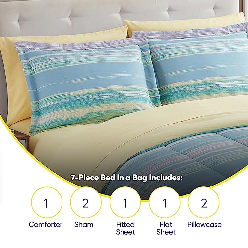7 Piece Comforter Set Bag Solid Color All Season Soft Down Alternative Blanket & Luxurious Microfiber Bed Sheets
