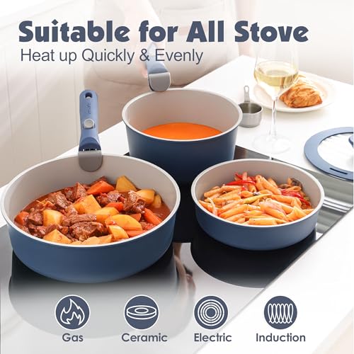 24 Piece Ceramic Detachable Handle Pots and Pans Set Navy