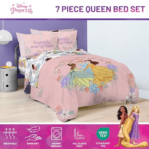 Disney Princess Queen Comforter Set 7 Piece Kids Bedding for Girls