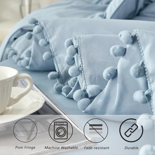 Full Pom Pom Comforter 5 Pieces Aesthetic Grayish Blue Pom Bed in A Bag Soft Fluffy Blue Solid Bedding Sheets and Comforter for Boys Kids