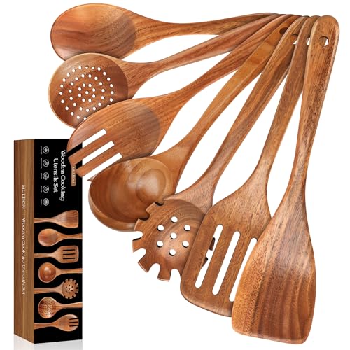 7 PCS Wooden Spoons for Cooking Natural Teak Kitchen Utensils Set (7 Count)
