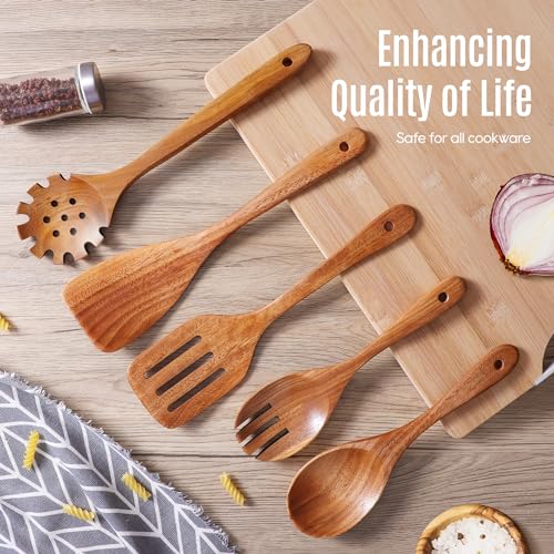 5 Pcs Natural Teak Wooden Spoons for Cooking (5 Count)
