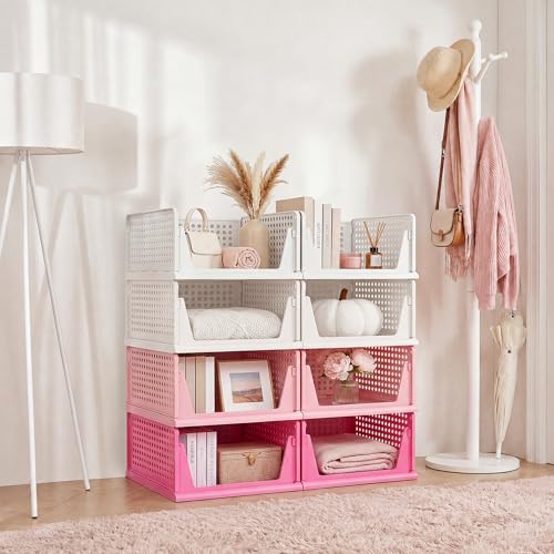Pink Girl Closet Organizers and Storage Stackable Plastic Drawer Basket for Clothing Stackable Storage Bins Shelf Storage Container for RV Closet Wardrobe Bedroom Bathroom Playroom 8 Pack (8 Count)