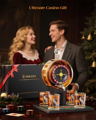 Roulette Whiskey Decanter Gift Set with 4 Dollar Glasses