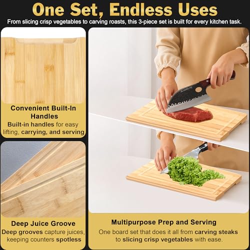 Bamboo Cutting Board Set of 3 Wooden Cutting Boards for Kitchen with Juice Grooves Side Handles Bamboo Chopping Boards for Meat Vegetables Fruit Bread Charcuterie Meal Prep Serving Tray Set (3 Count)
