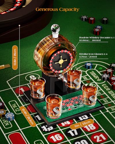 Roulette Whiskey Decanter Gift Set with 4 Dollar Glasses