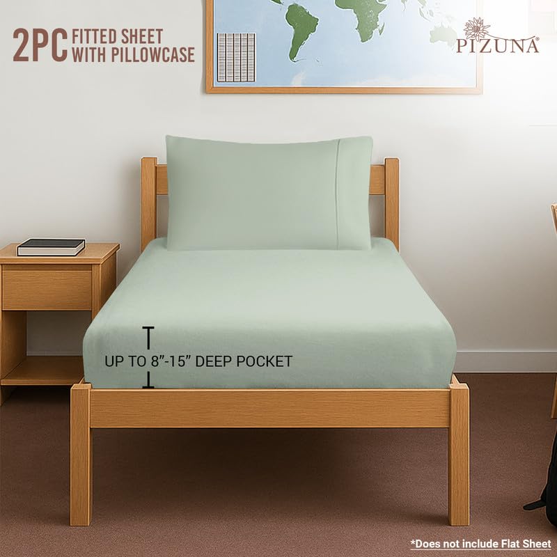 Cotton Twin XL Fitted Sheet + 2 Pillowcases Set 400TC Sea Foam