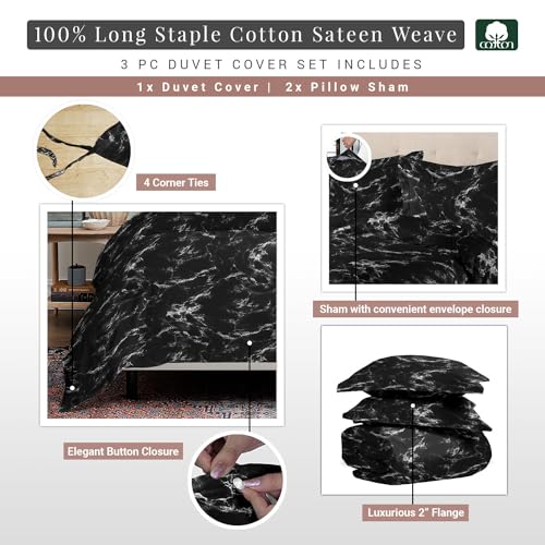 100% Cotton Marble Print King Duvet Cover Set 400TC Black