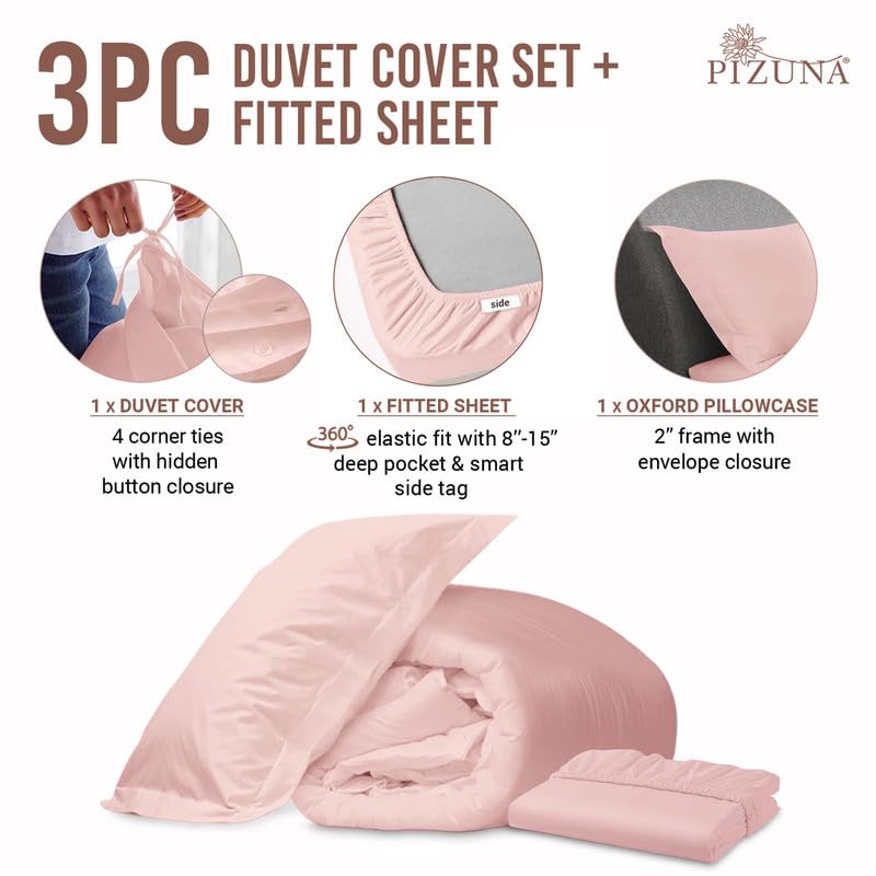 100% Cotton Full Duvet Cover Set + Fitted Sheet 400TC Light Pink