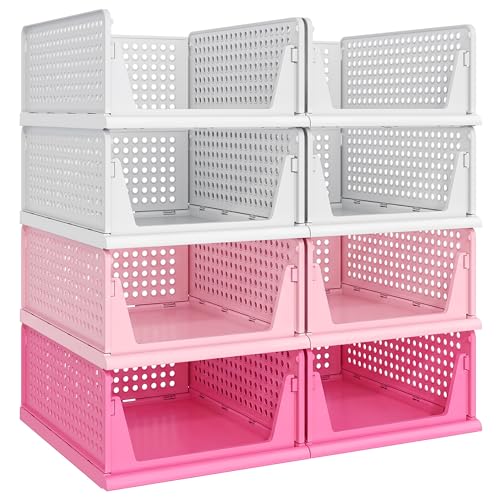 Pink Girl Closet Organizers and Storage Stackable Plastic Drawer Basket for Clothing Stackable Storage Bins Shelf Storage Container for RV Closet Wardrobe Bedroom Bathroom Playroom 8 Pack (8 Count)