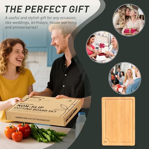 5 Packs Bamboo Cutting Board Set with Non Slip Feet Holder and Over Sink Nice Solid Thick Wood Juice Groove Chopping Board Small Big Xl XXl xlarge Oversized Kitchen Counter Organic Vegetable Meat Kit (5 Count)