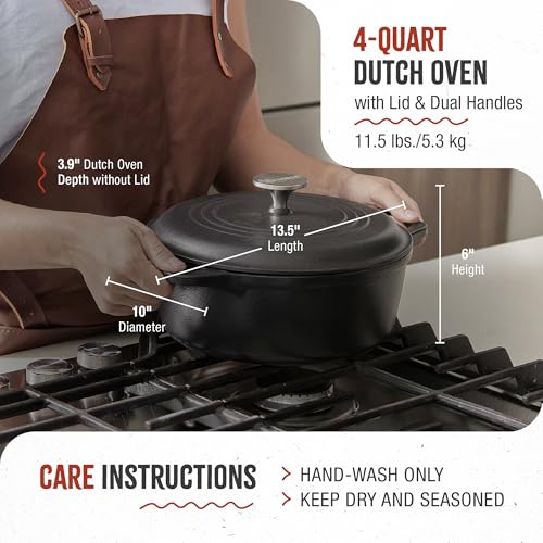 4 Quart Cast Iron Dutch Oven with Lid and Dual Loop Handles