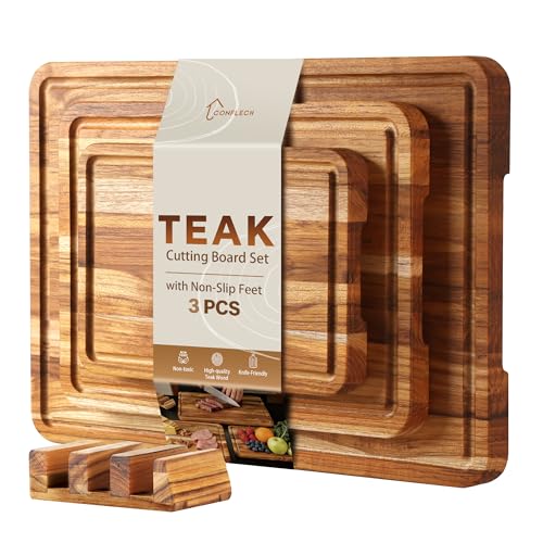 3 Pack Teak Cutting Board Set for Kitchen Wood Charcuterie Board with Juice Groove Wooden Cutting Boards Non Toxic Heavy Duty Slip Over Sink Solid Thick Chopping Board FSC (3 Count)