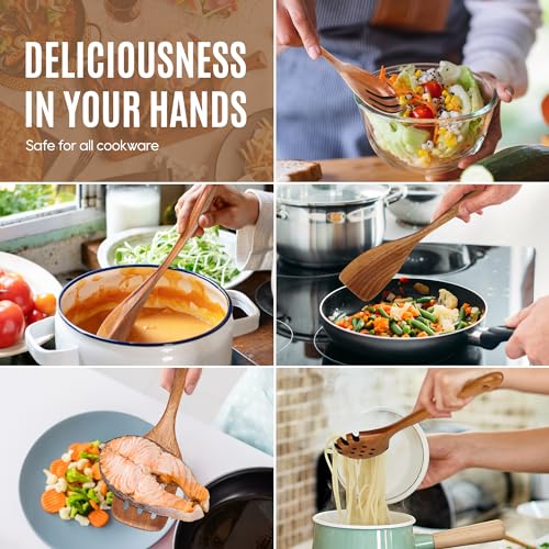 5 Pcs Natural Teak Wooden Spoons for Cooking (5 Count)