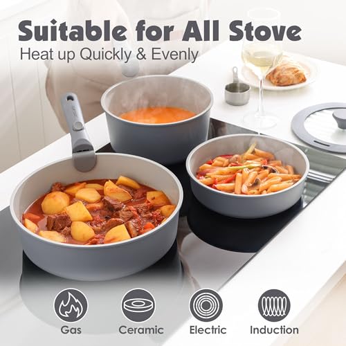 17 Piece Ceramic Detachable Handle Pots and Pans Set Gray
