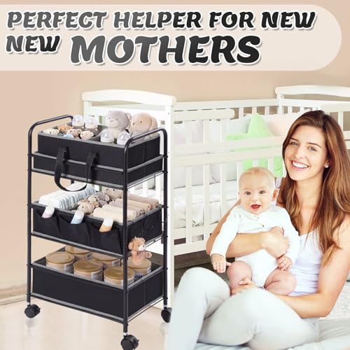 2in1 Baby Diaper Caddy Organizer Cart 3 Tier Large Capacity Metal Utility Bedside Rolling Cart with Divider Newborn Registry Nursery Essential Must Have Crib Bedroom Baby Shower (2 Count)
