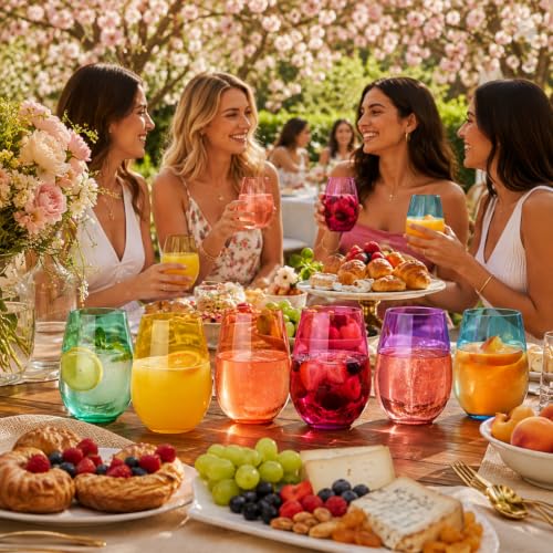 European Style Tritan Acrylic Stemless Wine Glasses Bright Colors (6 Count)