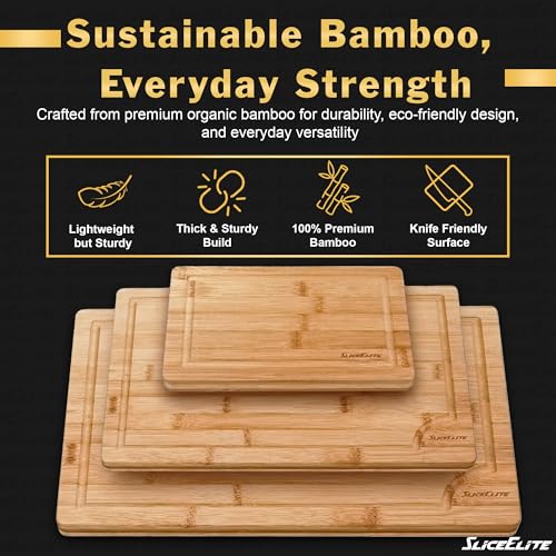 Bamboo Cutting Board Set of 3 Wooden Cutting Boards for Kitchen with Juice Grooves Side Handles Bamboo Chopping Boards for Meat Vegetables Fruit Bread Charcuterie Meal Prep Serving Tray Set (3 Count)