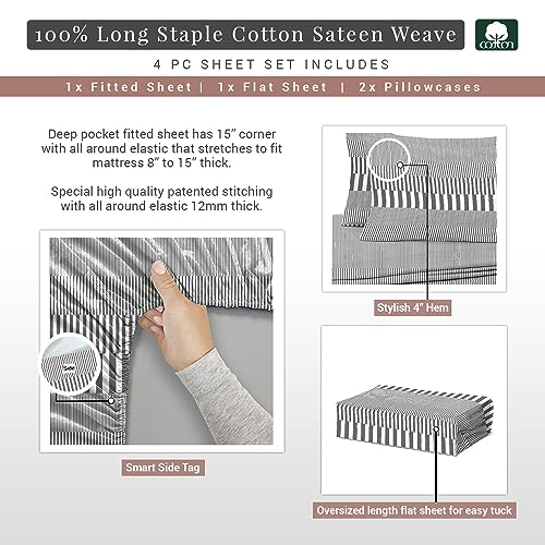 100% Cotton Cascade Stripe Print RV King Sheets Set 400TC Grey