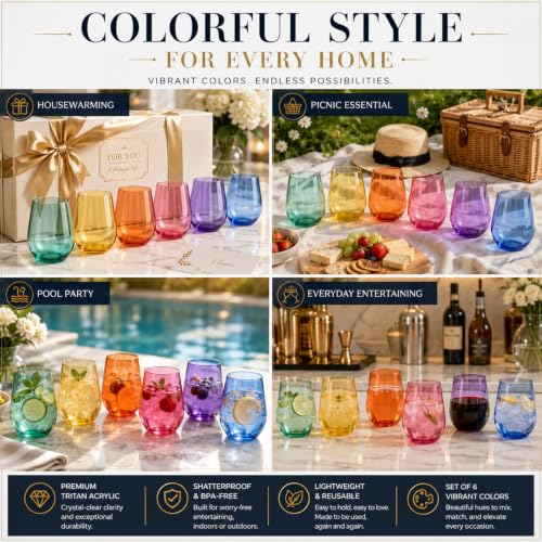 European Style Tritan Acrylic Stemless Wine Glasses Bright Colors (6 Count)