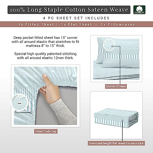 100% Cotton Stripe Print California King Sheets Set 400TC Blue