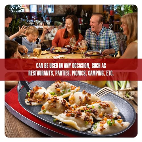 2 Pcs Oval Cast Iron Fajita Skillet Pan Set Small Sizzling Steak Plate with Wooden Base and Handle Cast Iron Fajita Skillet Sizzling Plate for Restaurant BBQ (2 Count)