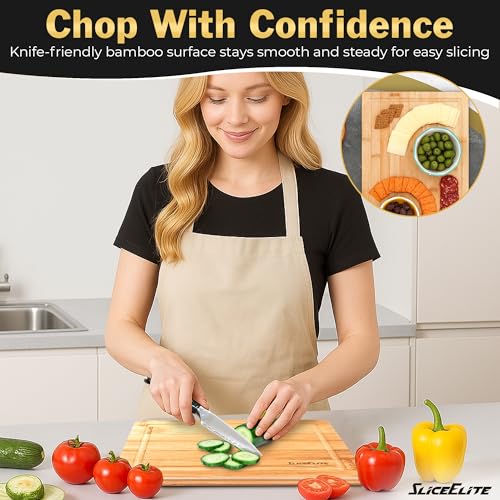 Bamboo Cutting Board Set of 3 Wooden Cutting Boards for Kitchen with Juice Grooves Side Handles Bamboo Chopping Boards for Meat Vegetables Fruit Bread Charcuterie Meal Prep Serving Tray Set (3 Count)