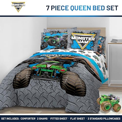 Monster Jam Queen Comforter Set 7 Piece Kids Bedding for Boys
