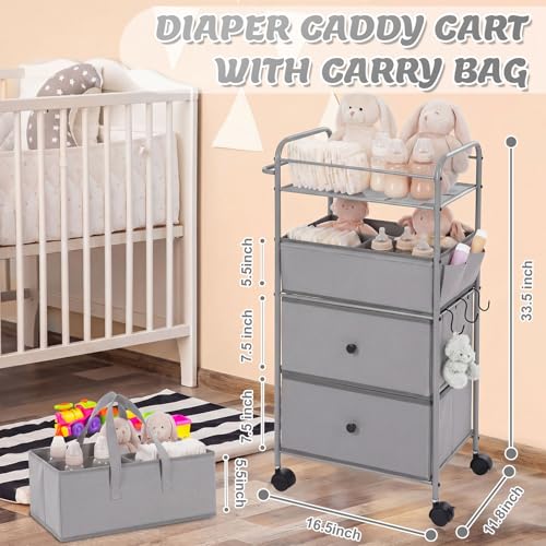 3In1 Baby Diaper Caddy Organizer Cart 4 Tier Large Capacity Metal Utility Bedside Rolling Cart with Divider Newborn Registry Nursery Essential Must Have Bedroom Gift Baby Shower