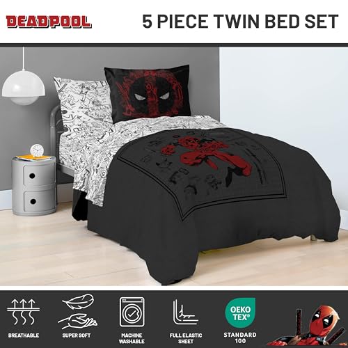 Marvel Deadpool Twin Comforter Set 5 Piece Soft Bedding for Boys