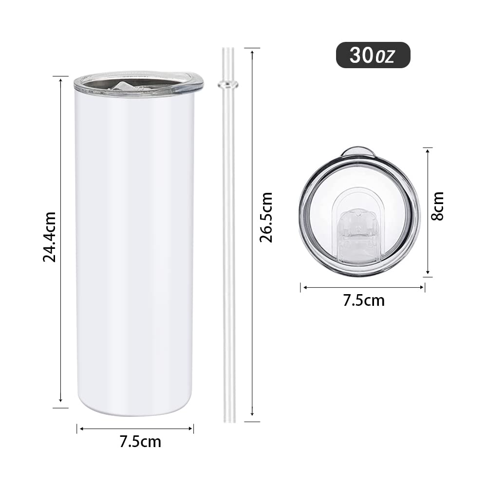 25 pack 30 oz Sublimation Blanks Tumblers skinny with lid and straw (25 Count)