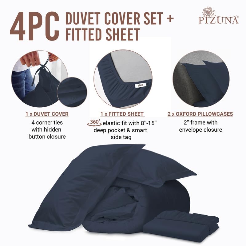 100% Cotton Twin Duvet Cover Set + Fitted Sheet 400TC Dark Blue