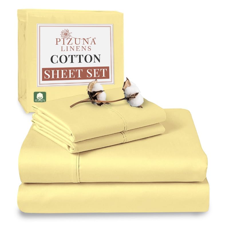 Cotton Sheets Set Queen with 4 Cases 400 Thread Count Mellow Yellow