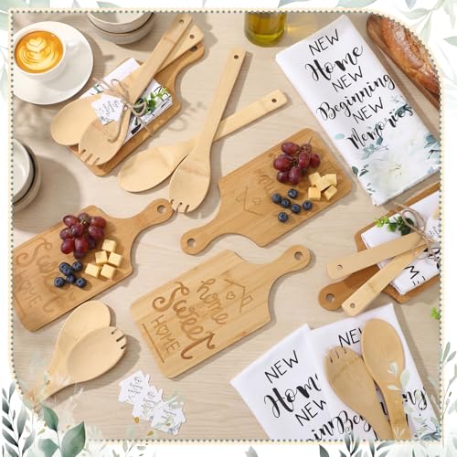 62 Pcs Housewarming Gifts Bulk Engraved Cutting Board New Home Beginning Kitchen Towels Cards Bamboo Spoons House Warming Gift Set for Homeowner Neighbor Couple Apartment Kitchen (62 Count)