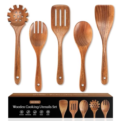 5 Pcs Natural Teak Wooden Spoons for Cooking (5 Count)