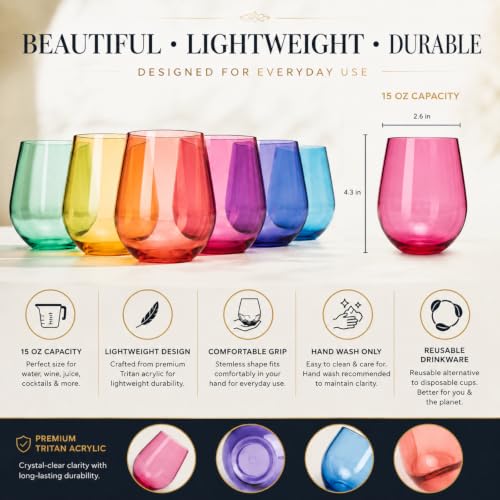 European Style Tritan Acrylic Stemless Wine Glasses Bright Colors (6 Count)