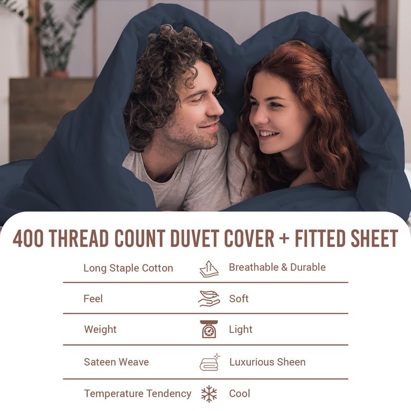 100% Cotton Twin Duvet Cover Set + Fitted Sheet 400TC Dark Blue
