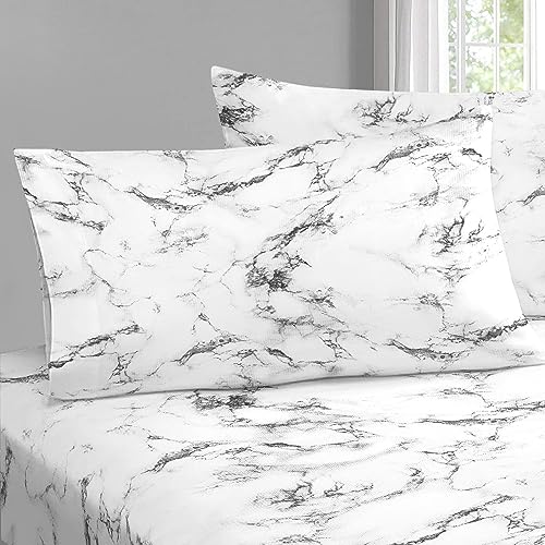 100% Cotton Marble Print King Pillowcases 400TC White (2 Count)