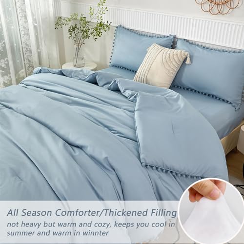 5 Pcs Grayish Blue Bed in A Bag Twin Aesthetic Boho Comforter with Pom Pom Soft Fluffy Light Blue Solid Bedding Quilt Set for Girls Boys