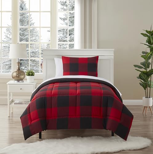 5 Piece Comforter Set Bed in a Bag Buffalo Check Christmas Print All Season Soft Down Alternative Bedding Comforter Set & Luxurious White Microfiber Bed Sheets