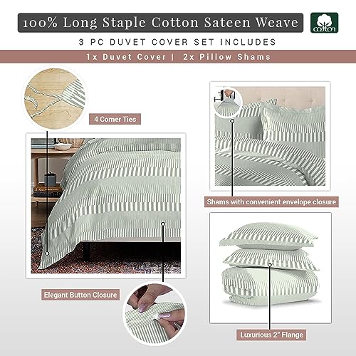 100% Cotton Cascade Stripe Print Full Duvet Cover Set 400TC Green