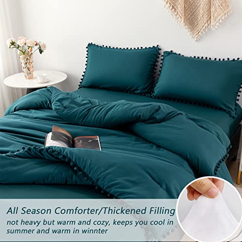 5 Pcs Teal Comforter Set King Aesthetic Boho Pom Pom Fringe Comforter with Sheets Ultra Soft Cute Lightweight Bed Sets for All Season