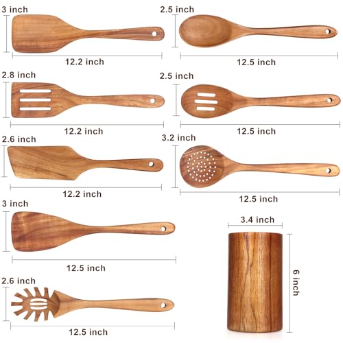 9 Pcs Wooden Kitchen Utensils Set with Holder Cooking Spoons Wood Spatula (9 Count)
