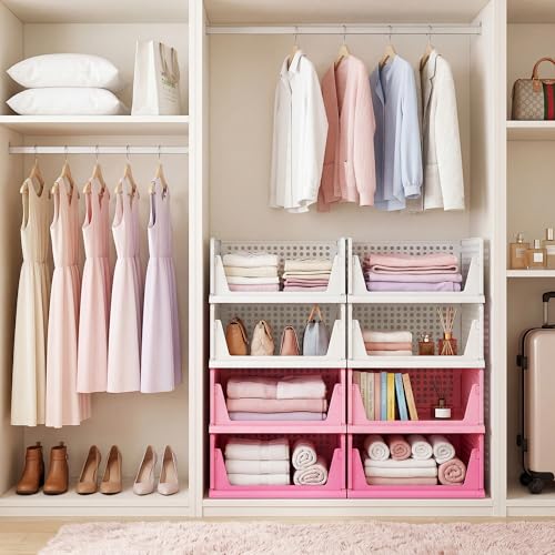 Pink Girl Closet Organizers and Storage Stackable Plastic Drawer Basket for Clothing Stackable Storage Bins Shelf Storage Container for RV Closet Wardrobe Bedroom Bathroom Playroom 8 Pack (8 Count)