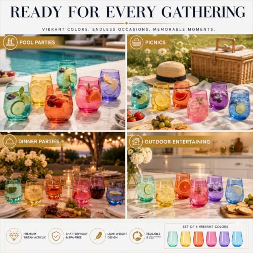 European Style Tritan Acrylic Stemless Wine Glasses Bright Colors (6 Count)