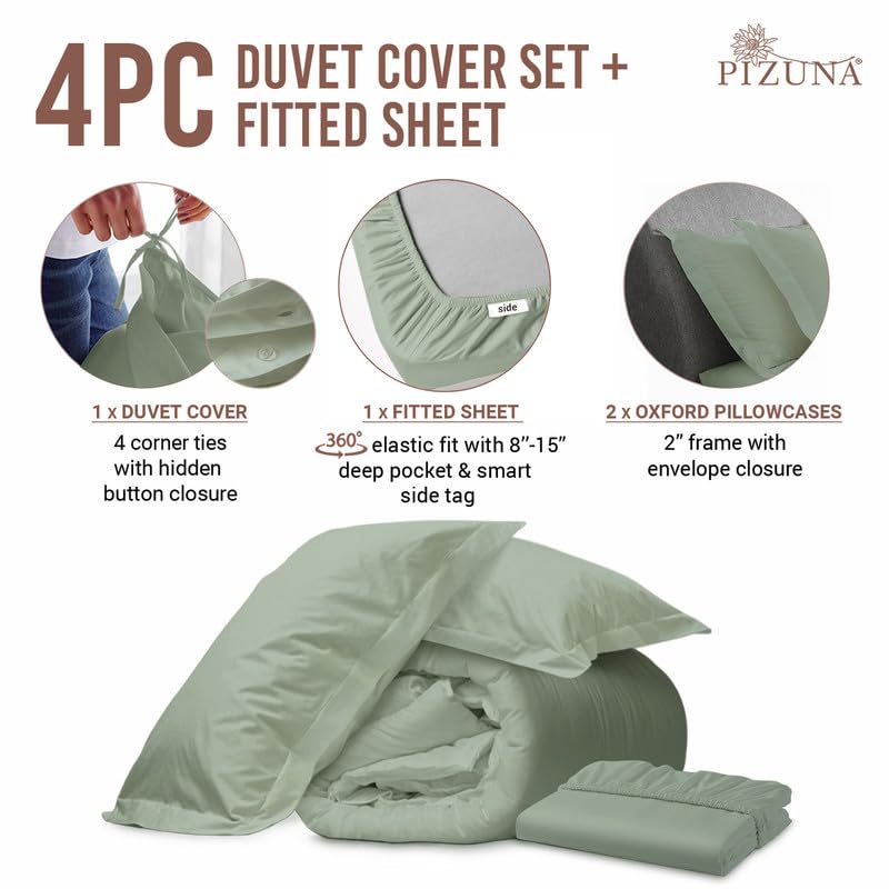 100% Cotton Twin Duvet Cover Set + Fitted Sheet 400TC Sea Foam